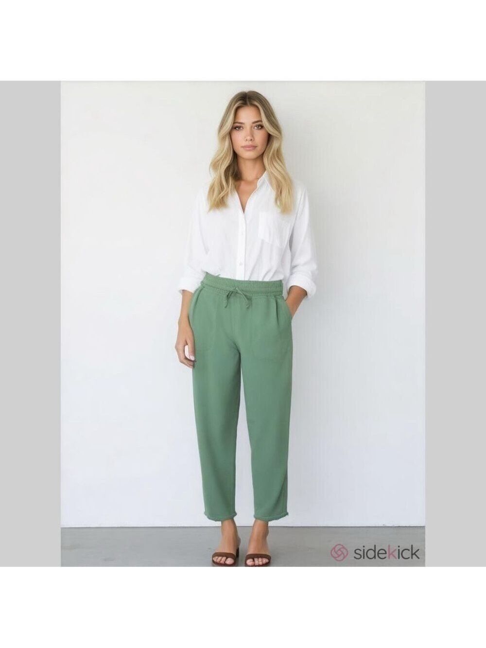 Zara Elastic Waist Pull on Raw Frayed Hem Jogger Pants Green Large